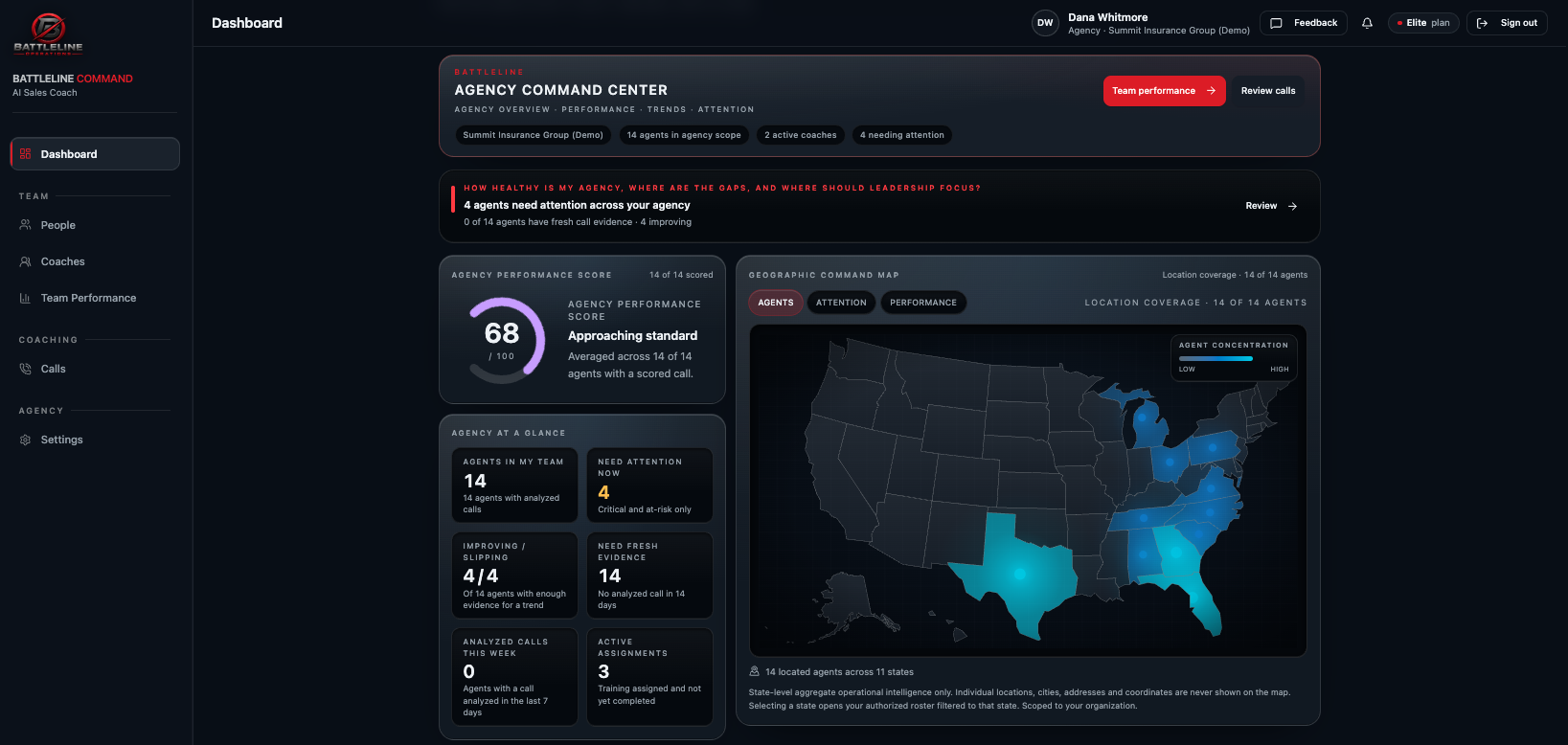 Battleline Command Agency Command Center with agency Performance Score, agency at a glance metrics and the Geographic Command Map